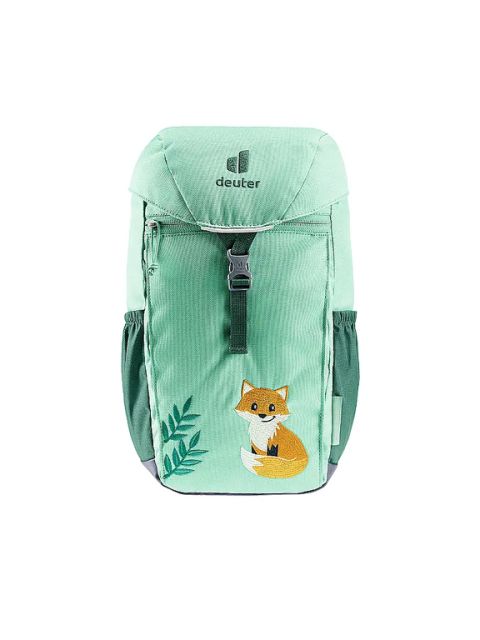 Hellgrüner Deuter-Rucksack mit Frontschnalle, Seitentaschen und einem niedlichen Fuchs- und Blattmotiv auf der Vorderseite.