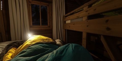 Eine Person in einem Schlafsack ruht nachts in einem gemütlichen Zimmer in einer Holzhütte, in dem ein kleines Licht brennt und Etagenbetten in der Nähe stehen.