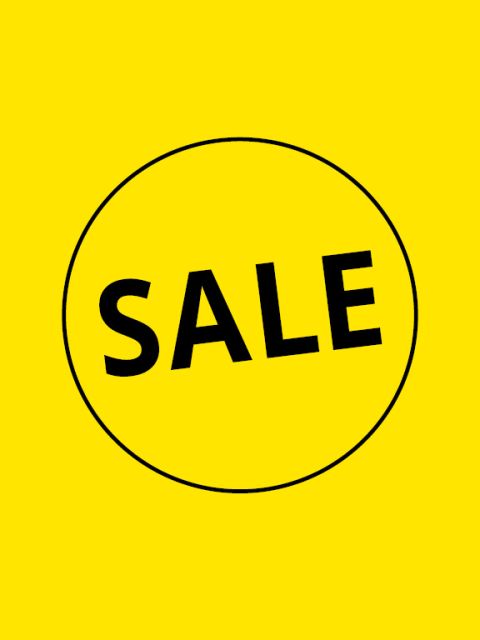Fettgedruckter schwarzer Text "SALE" in einem schwarz umrandeten Kreis auf leuchtend gelbem Hintergrund.