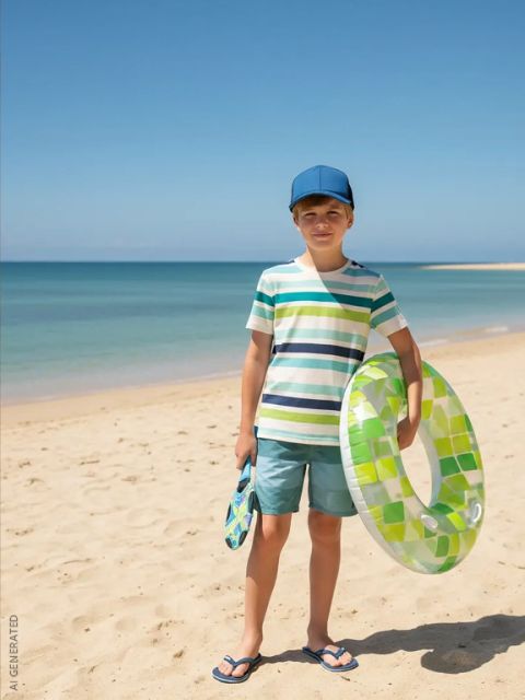Junge in gestreiftem Hemd, blauer Mütze und Flip-Flops steht am Sandstrand und hält einen grünen aufblasbaren Ring und Schwimmflossen in der Hand. Ruhiges Meer im Hintergrund.