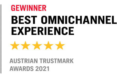 Auszeichnungsbild mit der Aufschrift „Gewinner Best Omnichannel Experience“, fünf gelben Sternen und dem Schriftzug „Austrian Trustmark Awards 2021“ in grauer Schrift.
